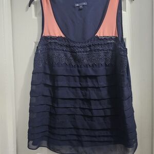 GAP Navy and Coral Sleeveless Blouse with Lace Detail
